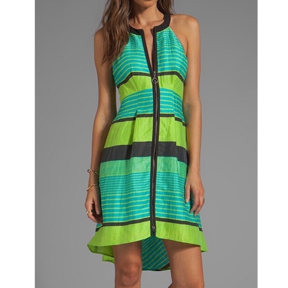 Nanette Lepore Bogatell Dress Kiwi Multi Linen Zip Front High Low Green Blue 10